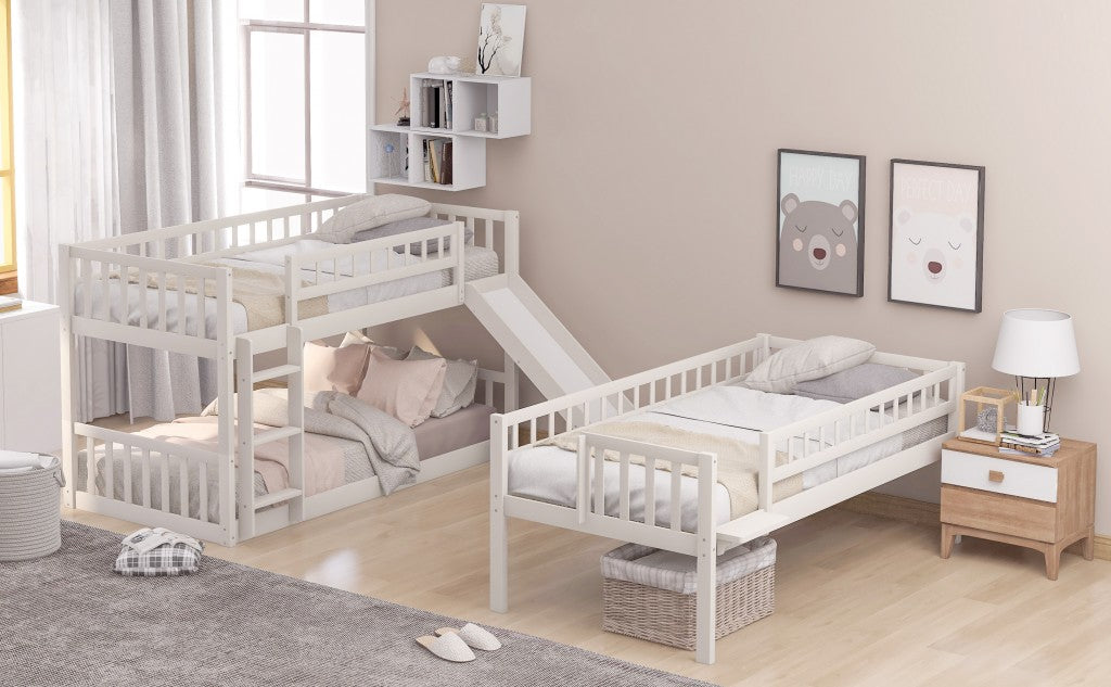 White Twin over Twin over Twin Contemporary Manufactured Wood and Solid Wood Bunk Bed - Bunk Beds