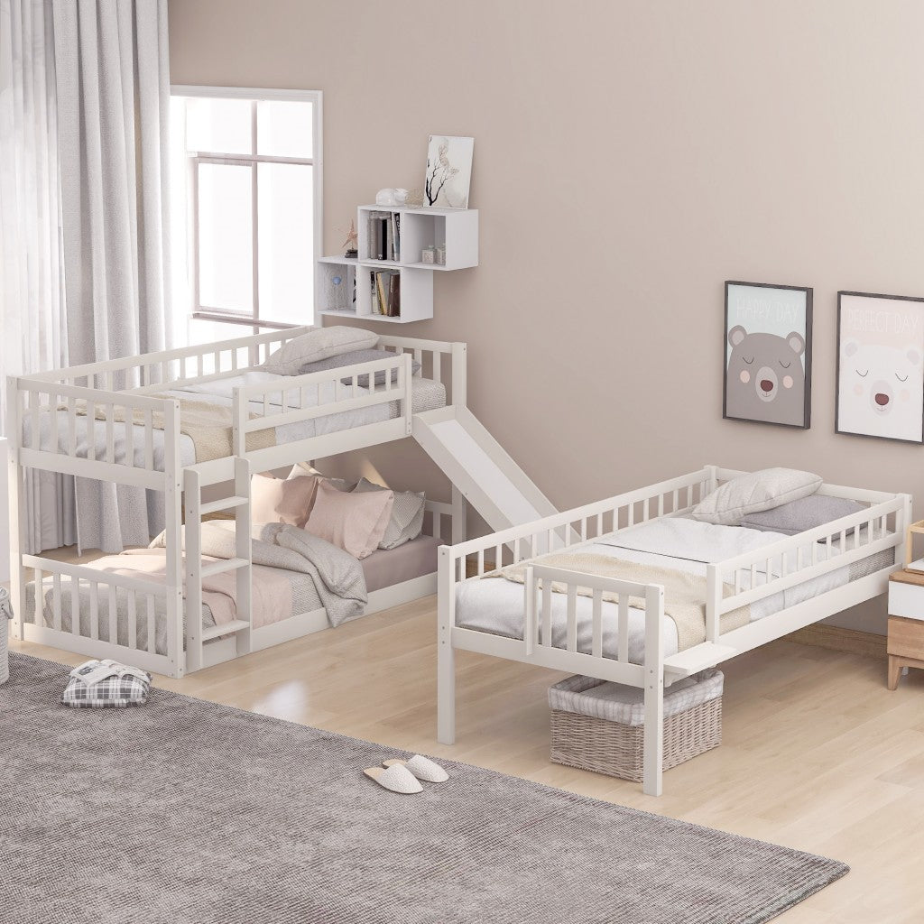 White Twin over Twin over Twin Contemporary Manufactured Wood and Solid Wood Bunk Bed - Bunk Beds