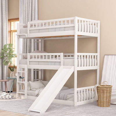 White Twin over Twin over Twin Contemporary Manufactured Wood and Solid Wood Bunk Bed - Bunk Beds