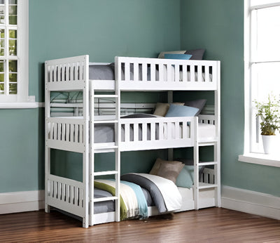 White Twin over Twin over Twin Contemporary Manufactured Wood and Solid Wood Bunk Bed - Bunk Beds