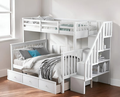 White Twin Over Full Contemporary Bunk Bed With Stairs And Shelves - Bunk Beds