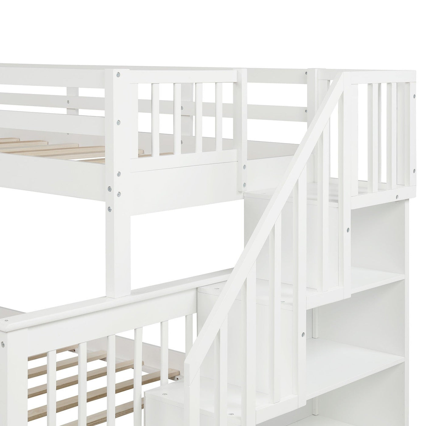 White Twin Over Full Contemporary Bunk Bed With Stairs And Shelves - Bunk Beds