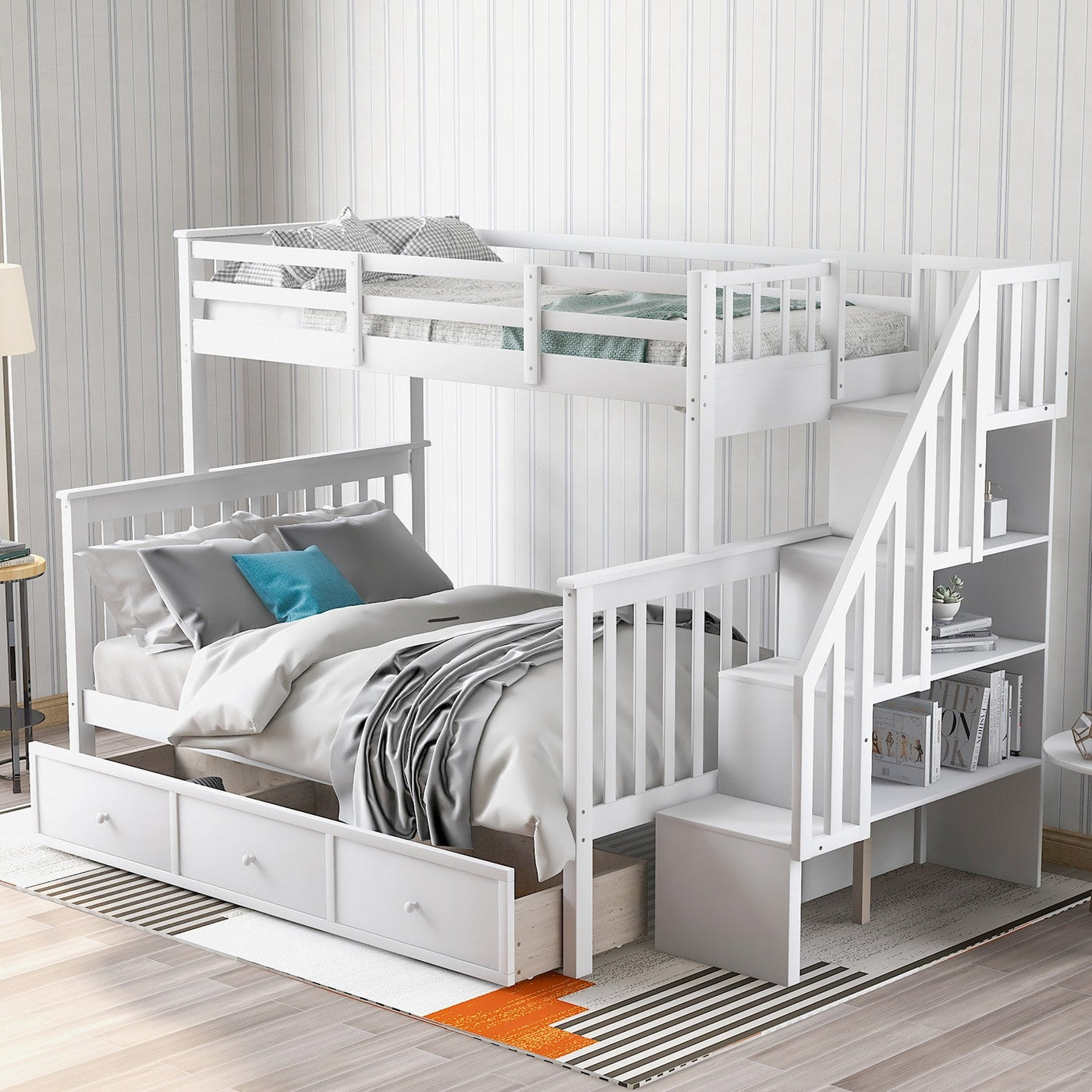 White Twin Over Full Contemporary Bunk Bed With Stairs And Shelves - Bunk Beds