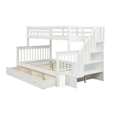 White Twin Over Full Contemporary Bunk Bed With Stairs And Shelves - Bunk Beds