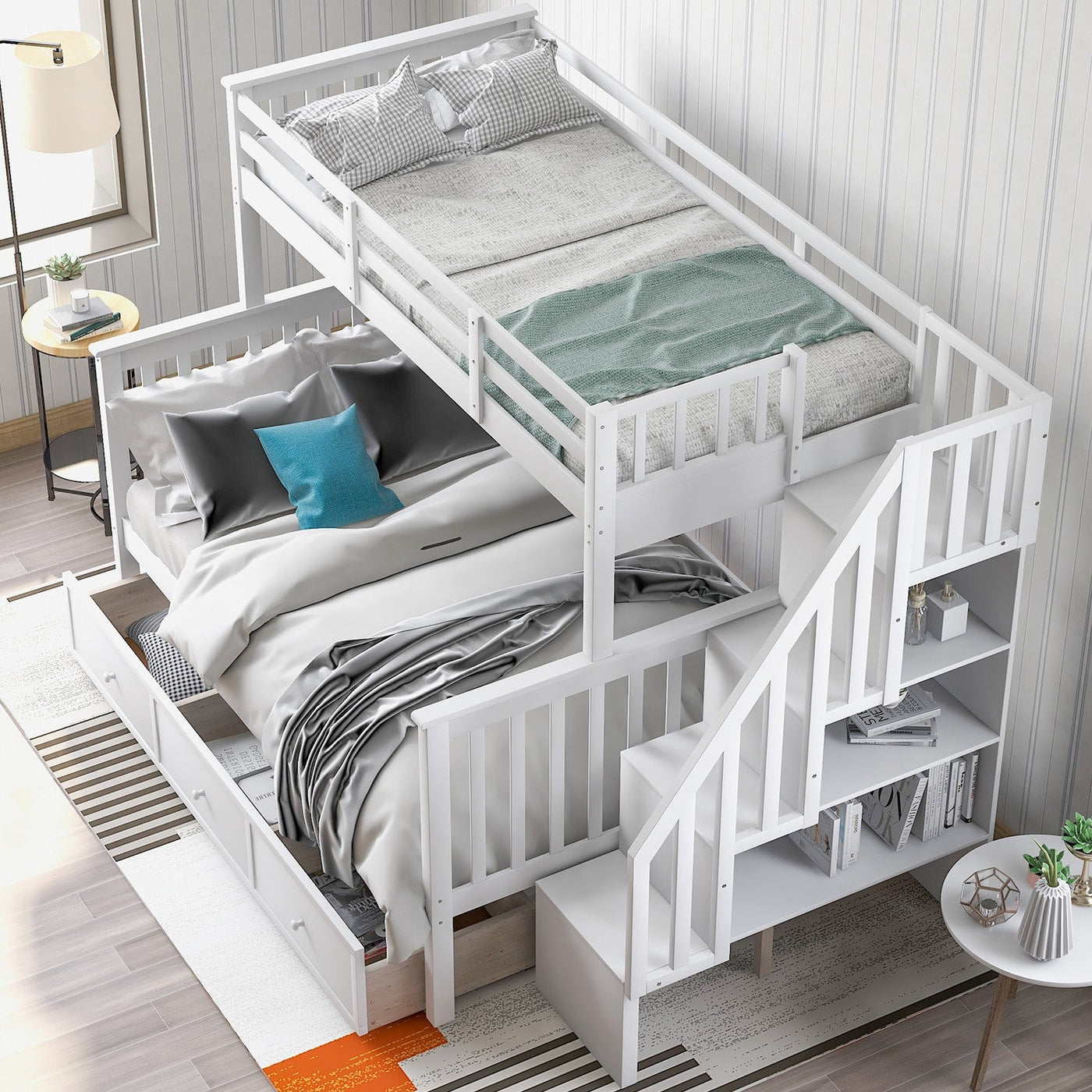 White Twin Over Full Contemporary Bunk Bed With Stairs And Shelves - Bunk Beds