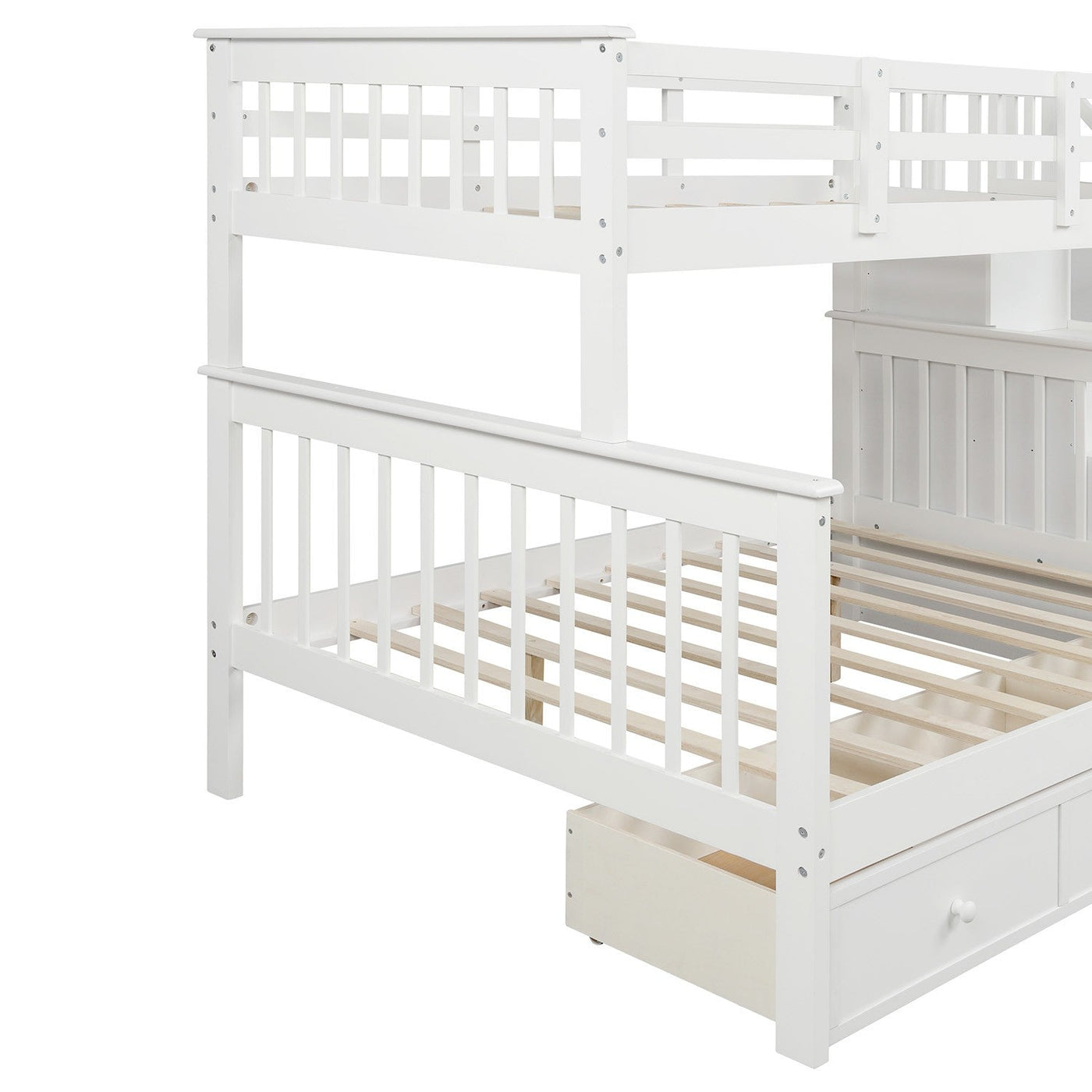 White Twin Over Full Contemporary Bunk Bed With Stairs And Shelves - Bunk Beds