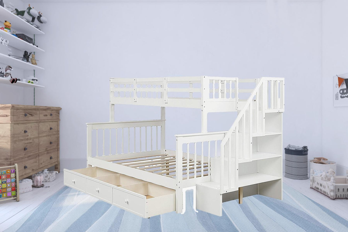 White Twin Over Full Contemporary Bunk Bed With Stairs And Shelves - Bunk Beds