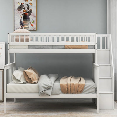 White Twin Over Full Farmhouse Style Bunk Bed with Staircase - Bunk Beds