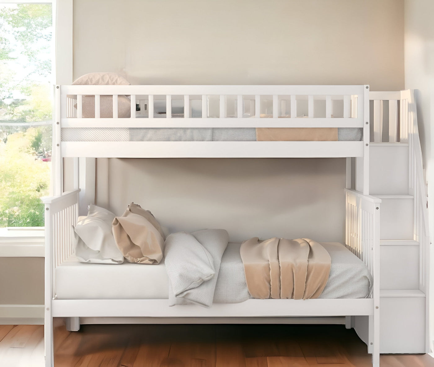 White Twin Over Full Farmhouse Style Bunk Bed with Staircase - Bunk Beds