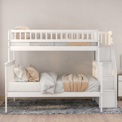 White Twin Over Full Farmhouse Style Bunk Bed with Staircase - Bunk Beds