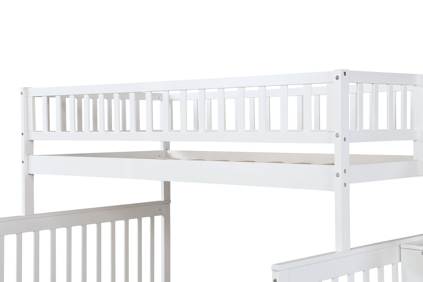 White Twin Over Full Farmhouse Style Bunk Bed with Staircase - Bunk Beds