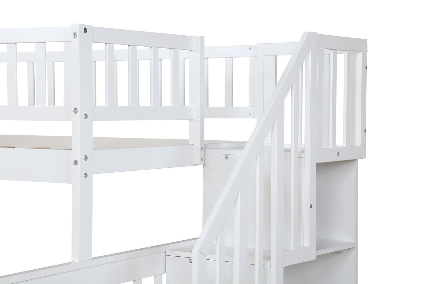 White Twin Over Full Farmhouse Style Bunk Bed with Staircase - Bunk Beds