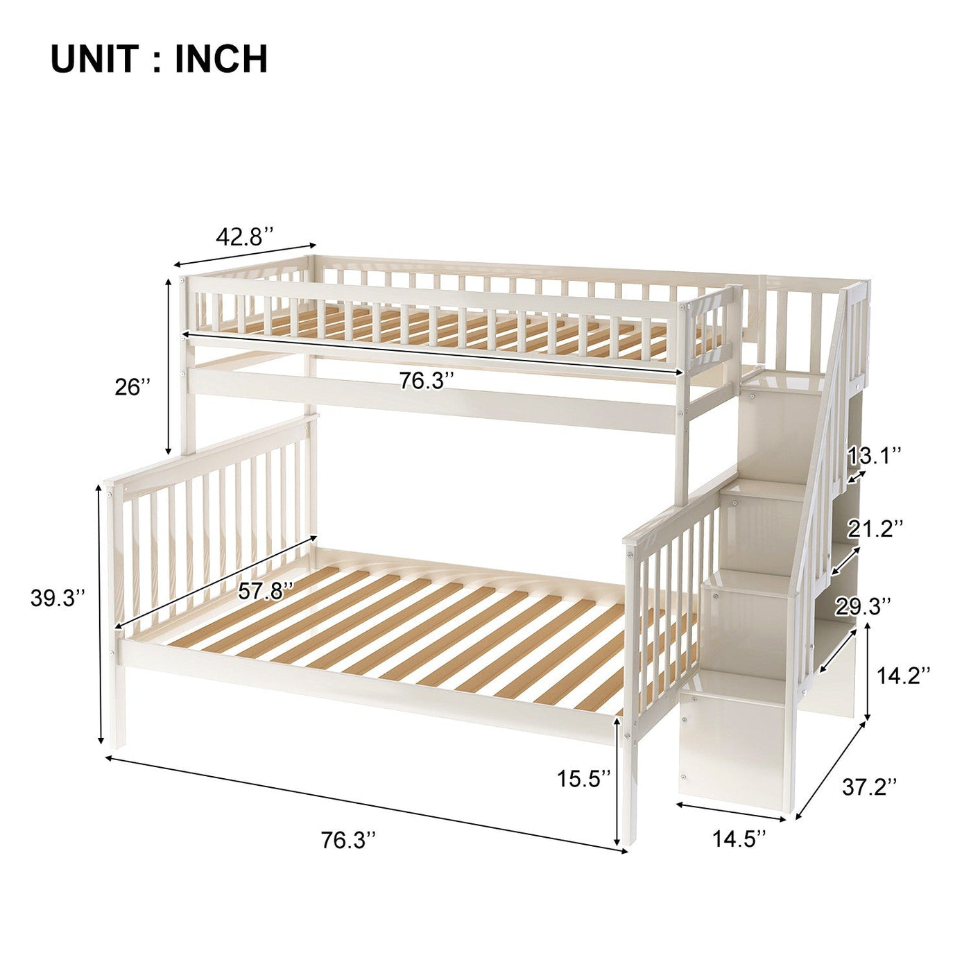 White Twin Over Full Farmhouse Style Bunk Bed with Staircase - Bunk Beds