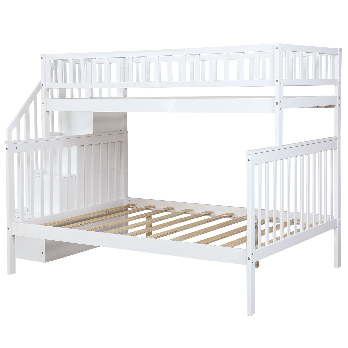 White Twin Over Full Farmhouse Style Bunk Bed with Staircase - Bunk Beds