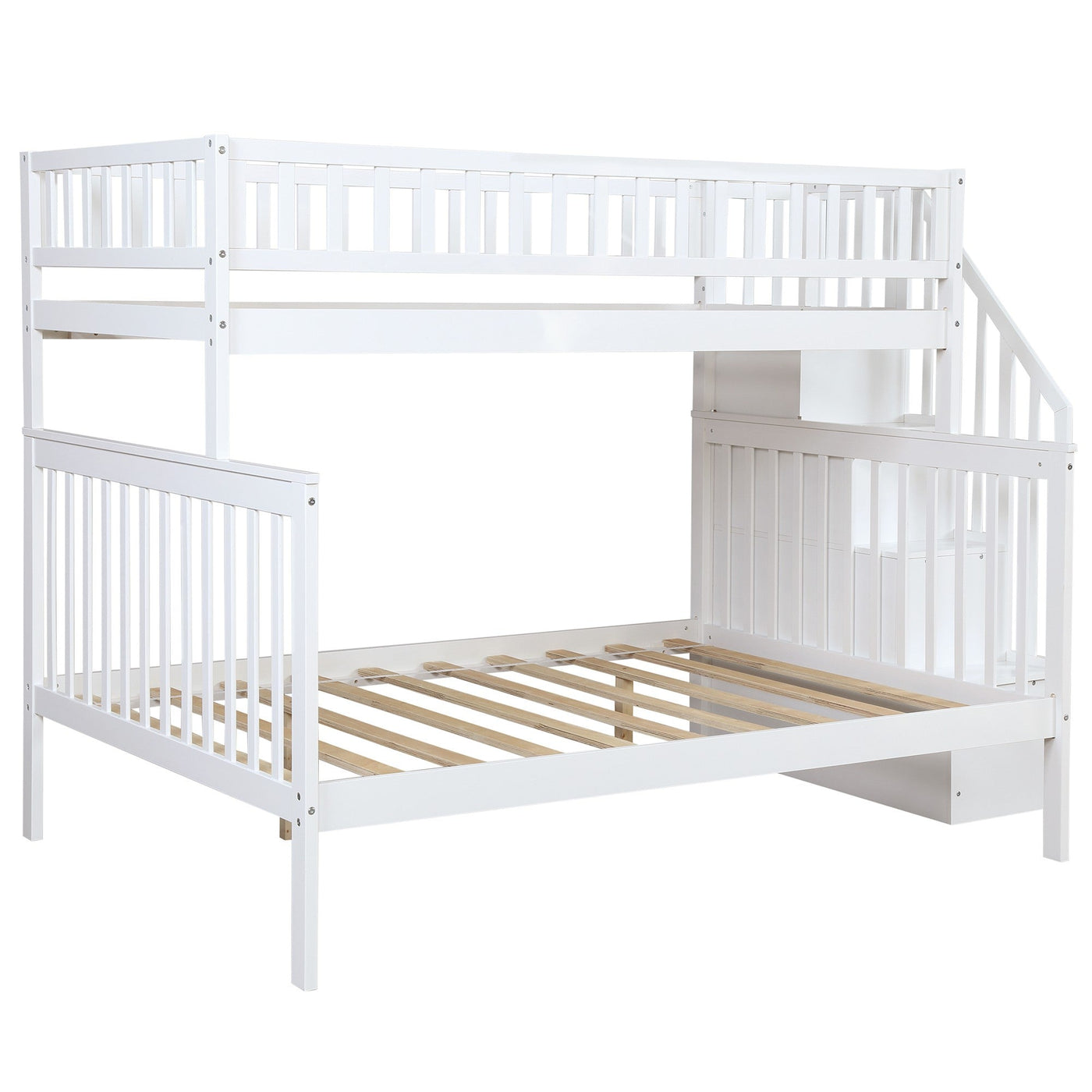 White Twin Over Full Farmhouse Style Bunk Bed with Staircase - Bunk Beds