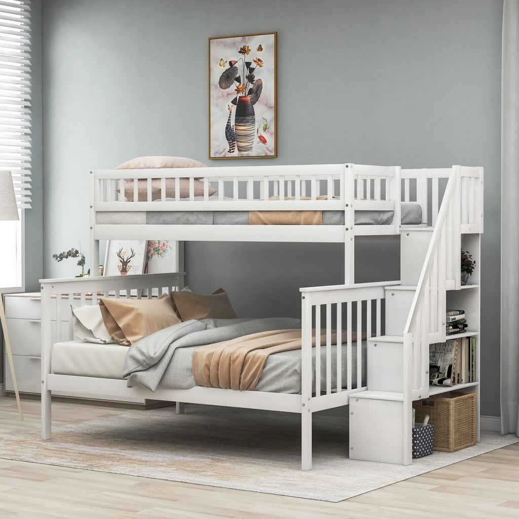 White Twin Over Full Farmhouse Style Bunk Bed with Staircase - Bunk Beds