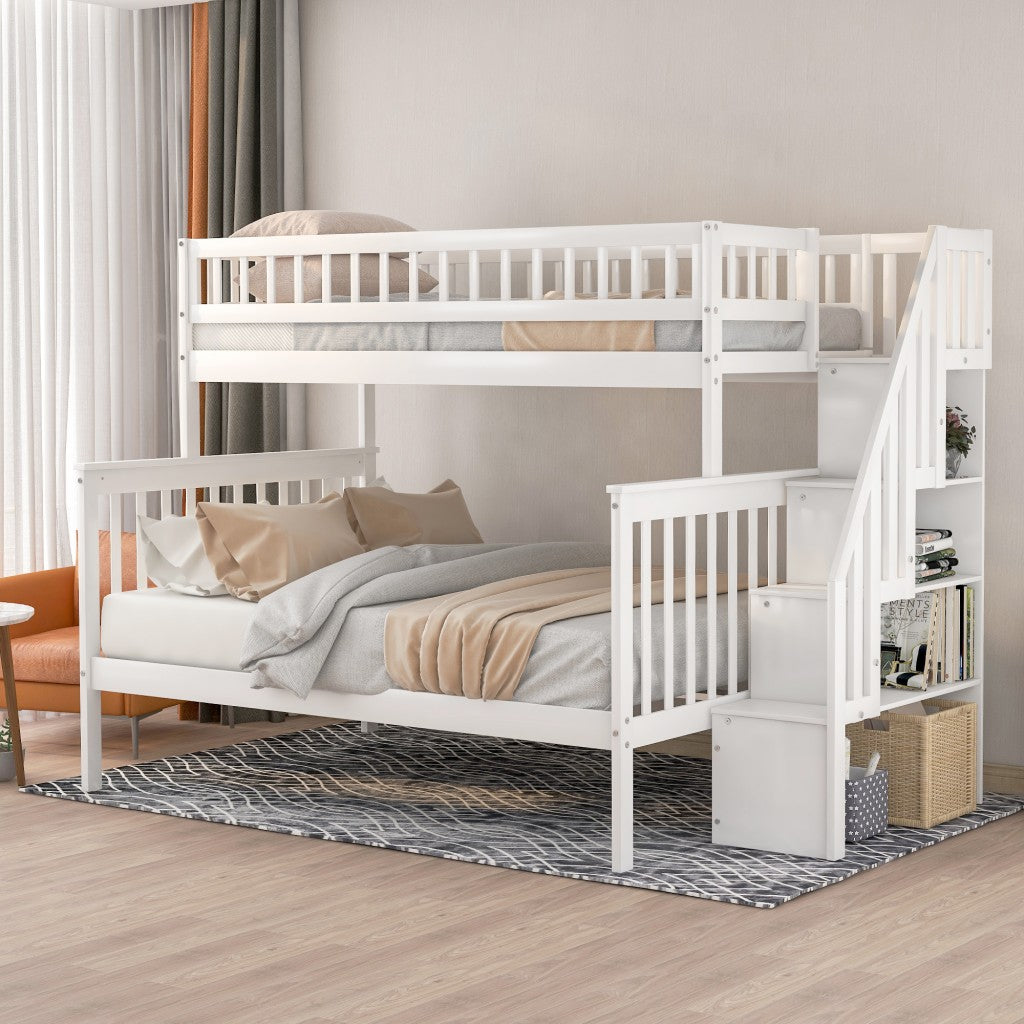 White Twin Over Full Farmhouse Style Bunk Bed with Staircase - Bunk Beds