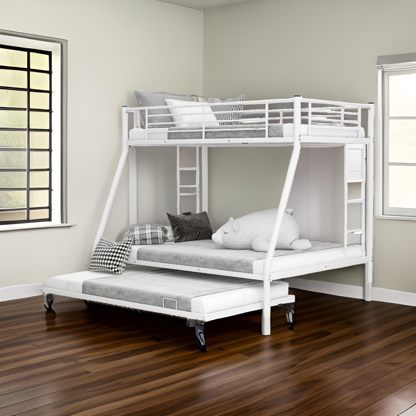 White Twin Over Full Size Bunk Bed with Trundle - Bunk Beds