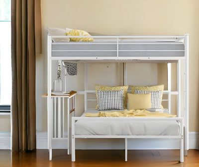 White Twin Over Full Size Metal Bunk Bed with Desk - Bunk Beds