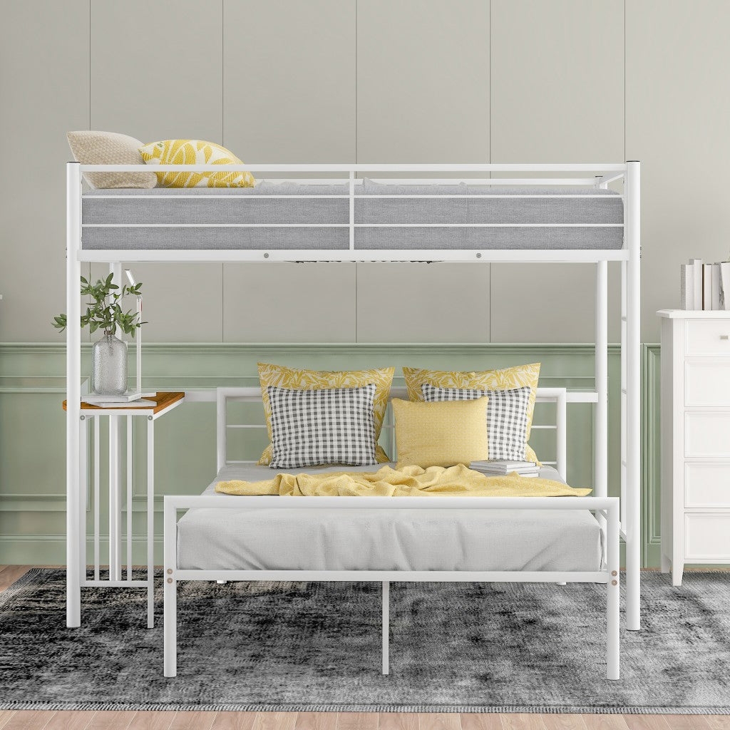 White Twin Over Full Size Metal Bunk Bed with Desk - Bunk Beds