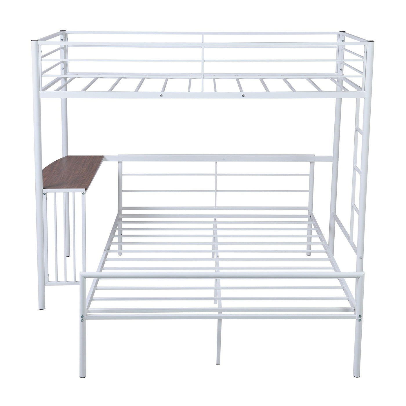 White Twin Over Full Size Metal Bunk Bed with Desk - Bunk Beds