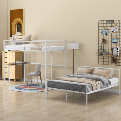 White Twin Over Full Size Metal Bunk Bed with Desk - Bunk Beds