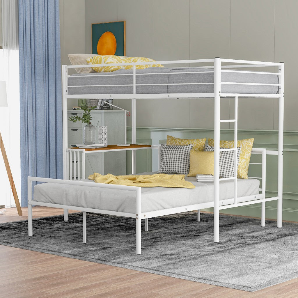 White Twin Over Full Size Metal Bunk Bed with Desk - Bunk Beds