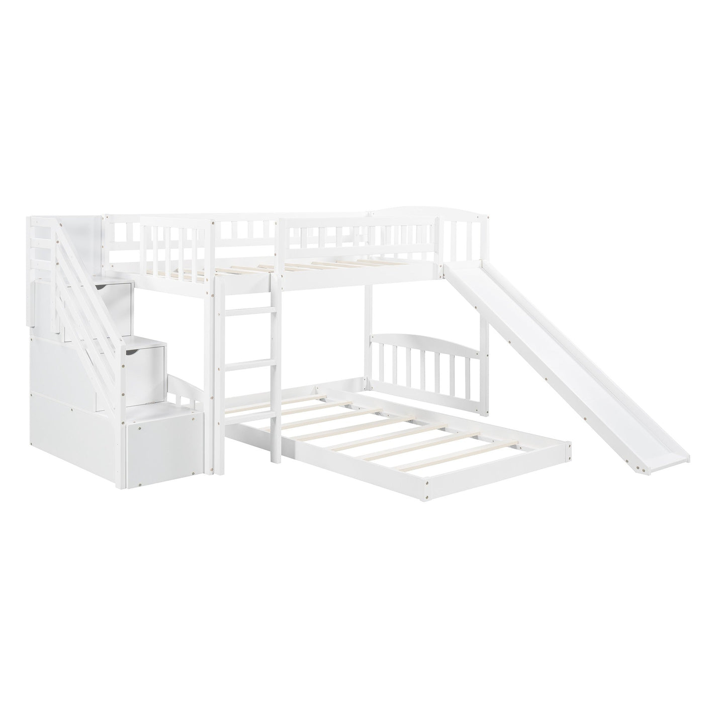 White Twin Over Twin Perpendicular Bunk Bed with Storage Stairs and Slide - Bunk Beds