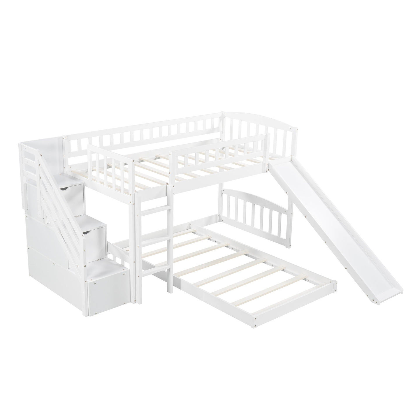 White Twin Over Twin Perpendicular Bunk Bed with Storage Stairs and Slide - Bunk Beds