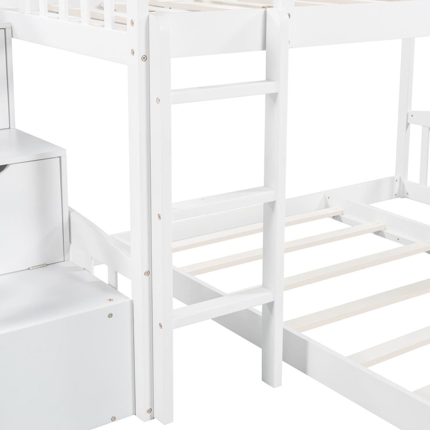 White Twin Over Twin Perpendicular Bunk Bed with Storage Stairs and Slide - Bunk Beds