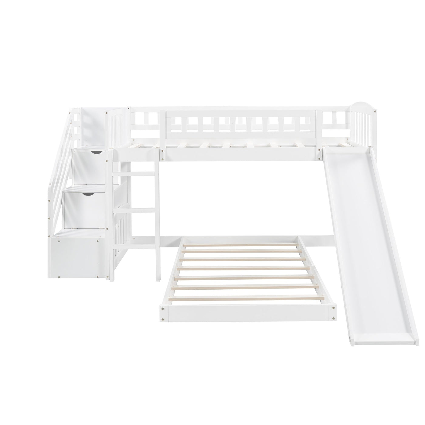 White Twin Over Twin Perpendicular Bunk Bed with Storage Stairs and Slide - Bunk Beds