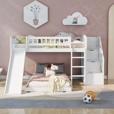 White Twin Over Twin Perpendicular Bunk Bed with Storage Stairs and Slide - Bunk Beds