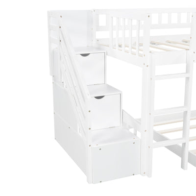 White Twin Over Twin Perpendicular Bunk Bed with Storage Stairs and Slide - Bunk Beds