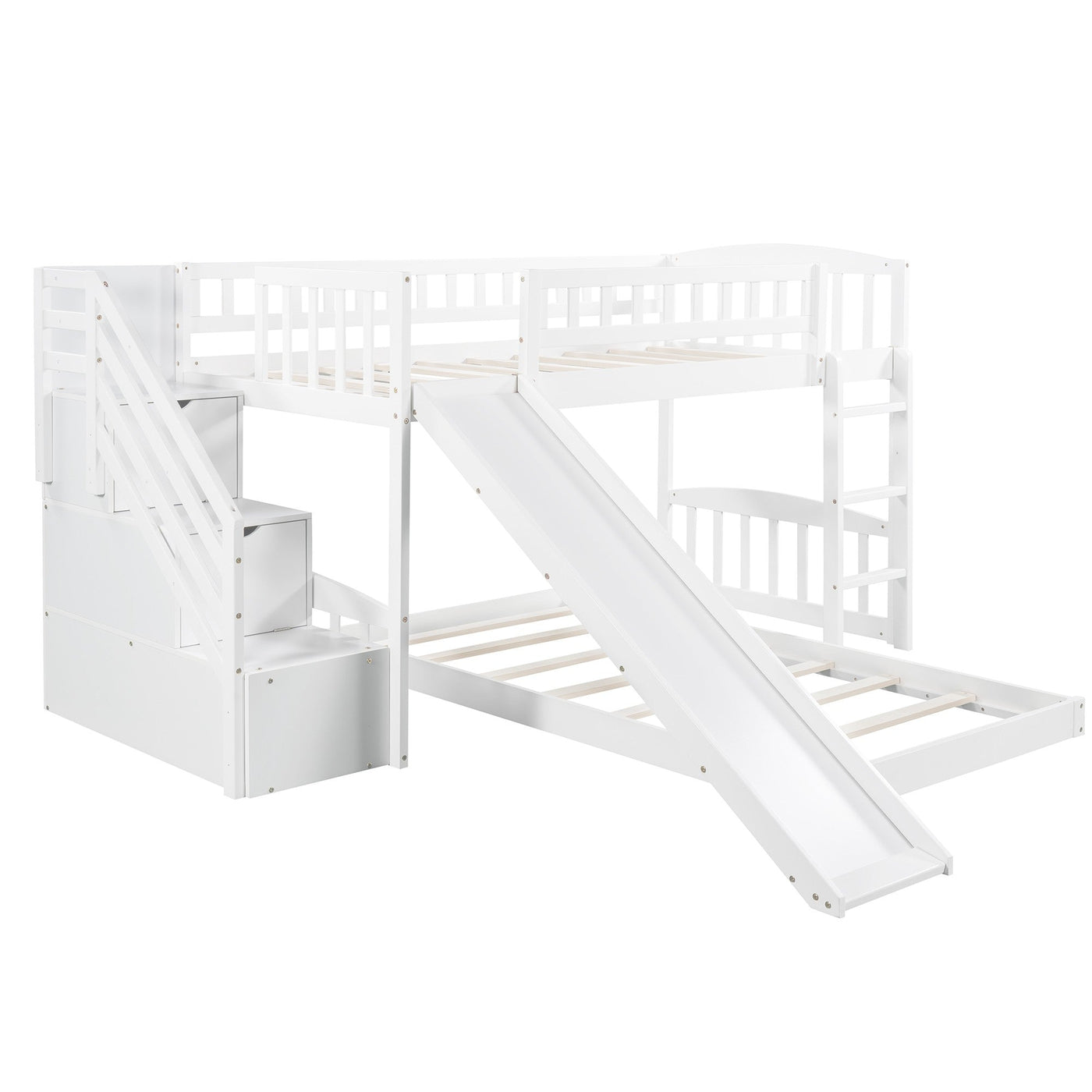 White Twin Over Twin Perpendicular Bunk Bed with Storage Stairs and Slide - Bunk Beds