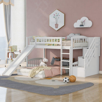 White Twin Over Twin Perpendicular Bunk Bed with Storage Stairs and Slide - Bunk Beds