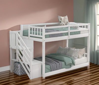 White Twin Over Twin Staircase Bunk Bed - Bunk Beds