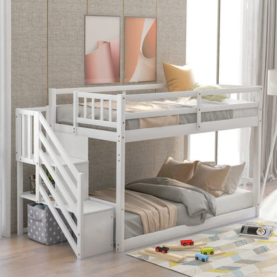 White Twin Over Twin Staircase Bunk Bed - Bunk Beds