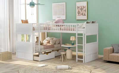 White Twin Size Bunk Bed with attached Loft Bed and Drawers - Bunk Beds