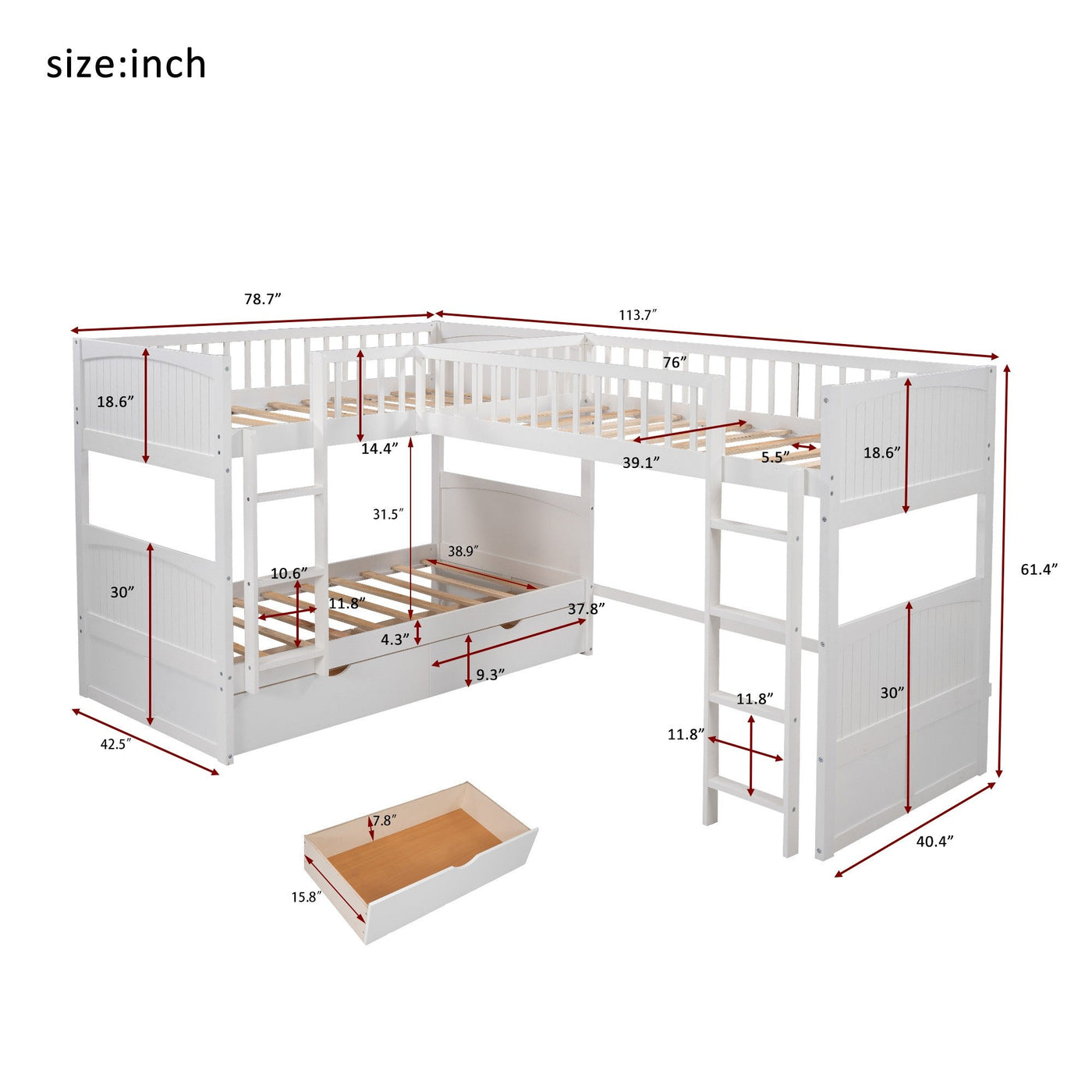 White Twin Size Bunk Bed with attached Loft Bed and Drawers - Bunk Beds