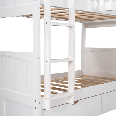 White Twin Size Bunk Bed with attached Loft Bed and Drawers - Bunk Beds