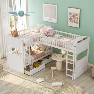 White Twin Size Bunk Bed with attached Loft Bed and Drawers - Bunk Beds