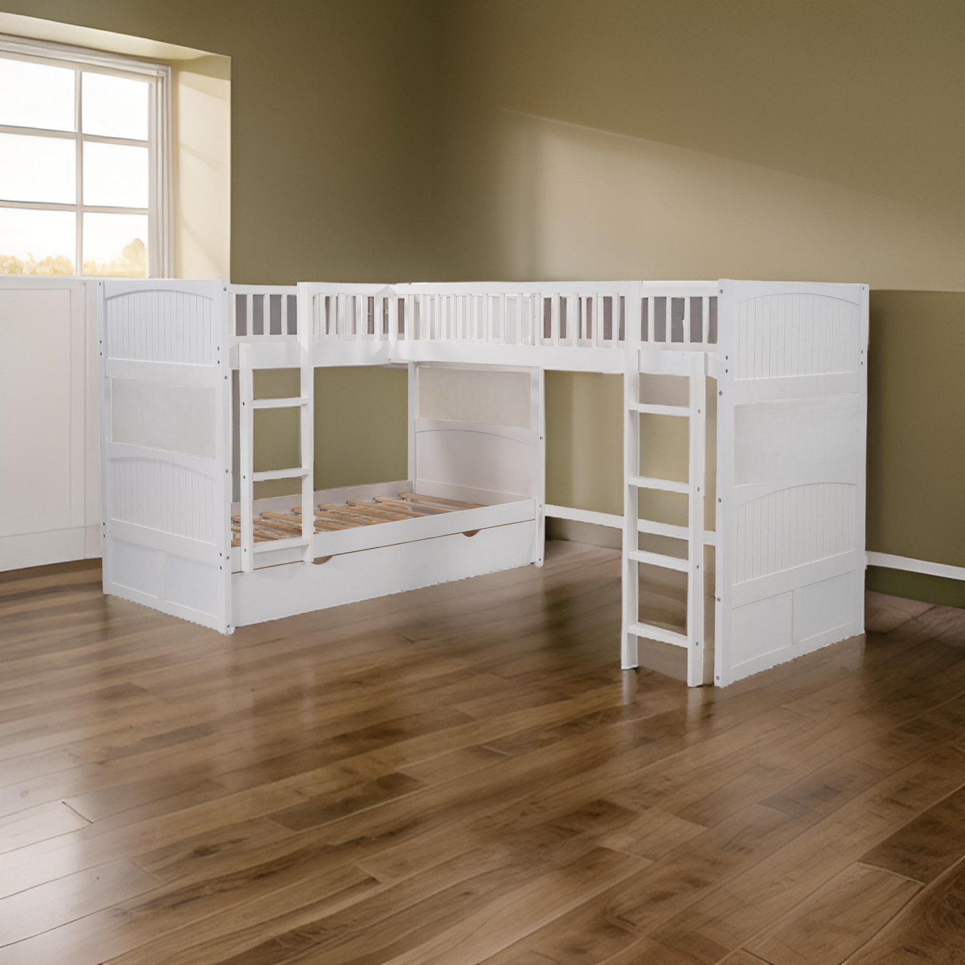 White Twin Size Bunk Bed with attached Loft Bed and Drawers - Bunk Beds