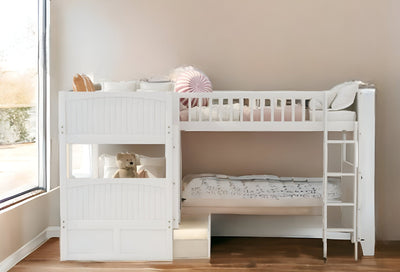 White Twin Size Bunk Bed with attached Loft Bed and Drawers - Bunk Beds