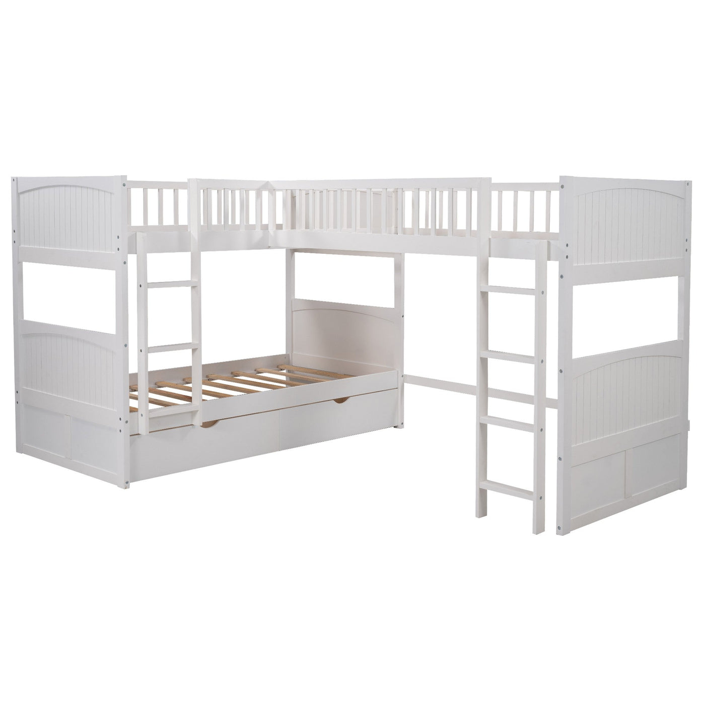 White Twin Size Bunk Bed with attached Loft Bed and Drawers - Bunk Beds