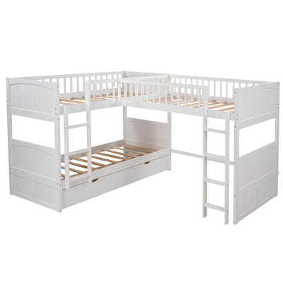 White Twin Size Bunk Bed with attached Loft Bed and Drawers - Bunk Beds