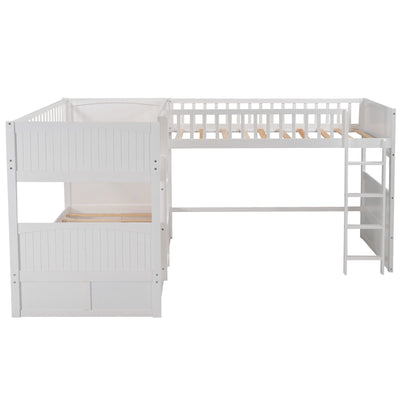 White Twin Size Bunk Bed with attached Loft Bed and Drawers - Bunk Beds