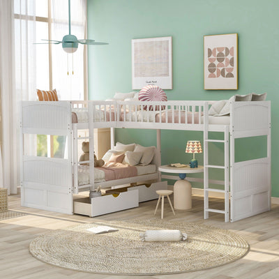 White Twin Size Bunk Bed with attached Loft Bed and Drawers - Bunk Beds