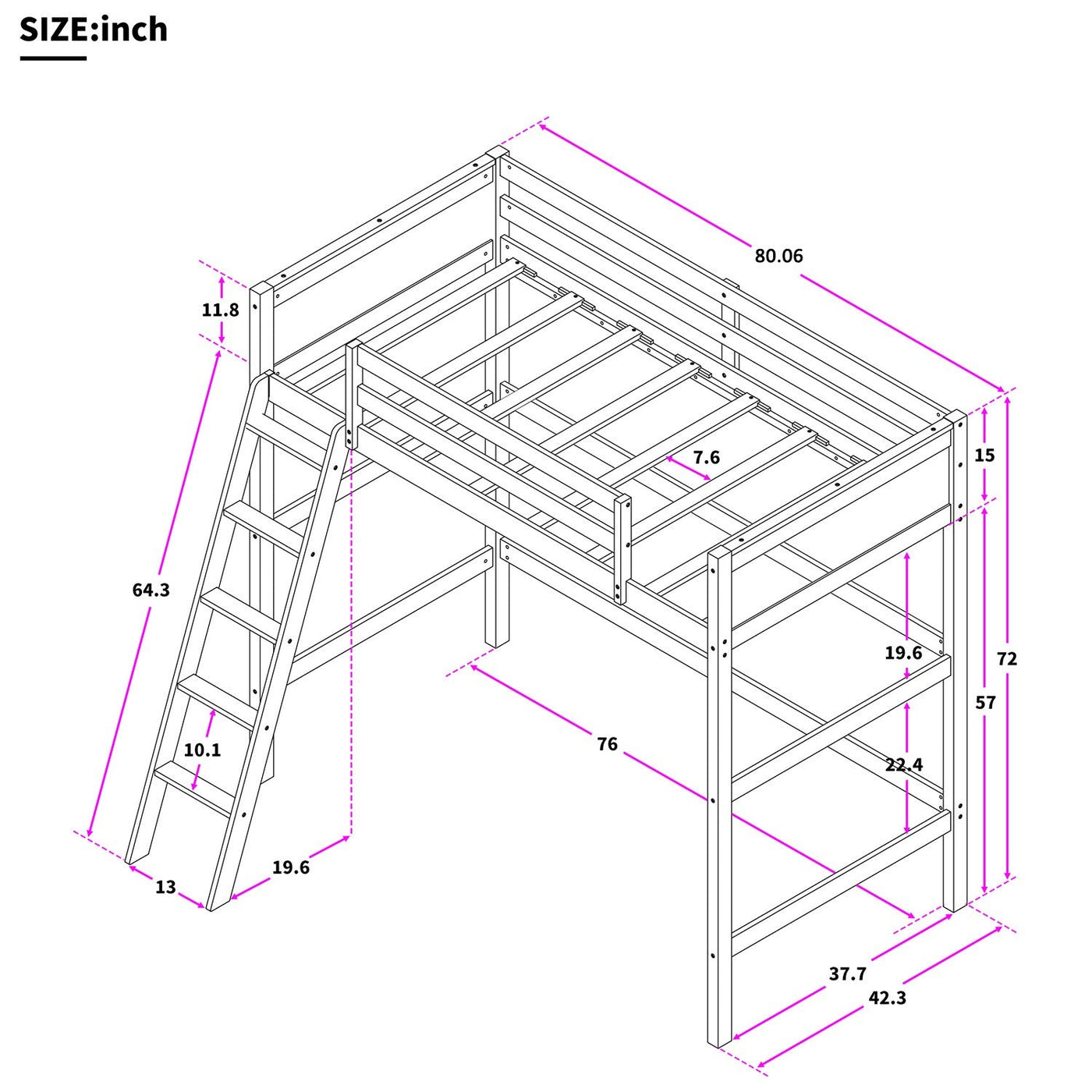 White Twin Size High Loft Bed - Loft Beds