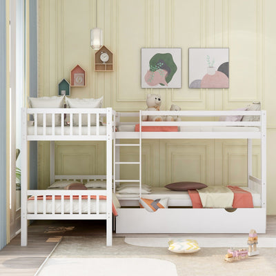 White Twin Size L Shaped Double Bunk Bed with Drawer - Bunk Beds