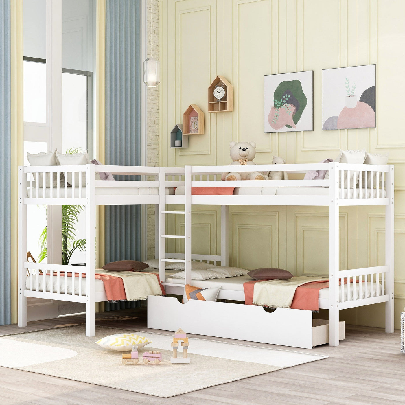 White Twin Size L Shaped Double Bunk Bed with Drawer - Bunk Beds